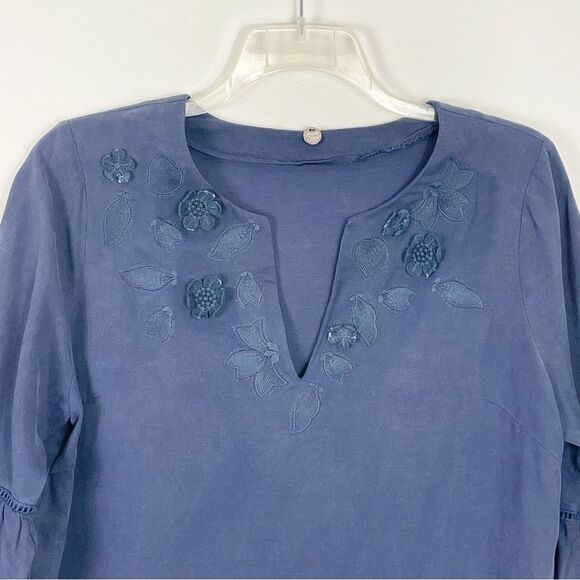 Margaret O’Leary Linen Blend Navy Embroidered 3-D Applique Floral Dress Large - Picture 3 of 9